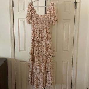 Yellow floral square neck ruffle layered maternity maxi dress from PinkBlush